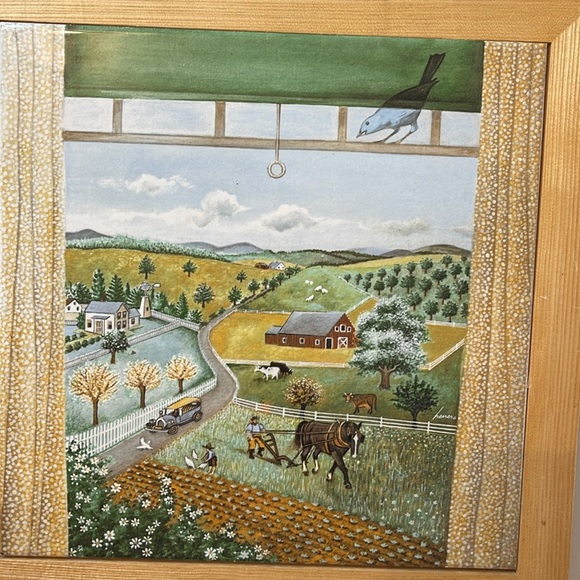 Vintage 1982 Lowell Herrero Farm Life Cottage Core Ceramic Tile and Wood Trivet - Picture 3 of 7